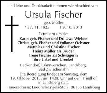 Traueranzeige von Ursula Fischer von Mitteldeutsche Zeitung Halle/Saalkreis