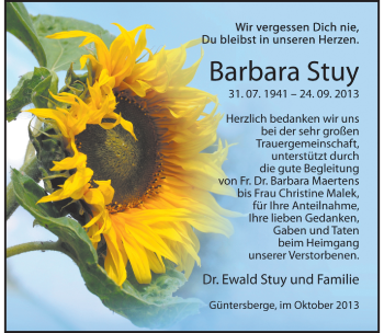 Traueranzeige von Barbara Stuy von Mitteldeutsche Zeitung Quedlinburg