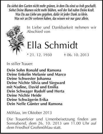 Traueranzeige von Ella Schmidt von Mitteldeutsche Zeitung Wittenberg