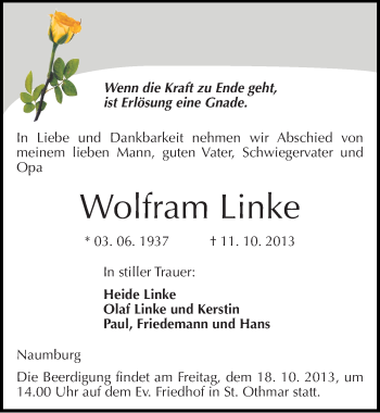 Traueranzeige von Wolfram Linke von Mitteldeutsche Zeitung Naumburg/Nebra