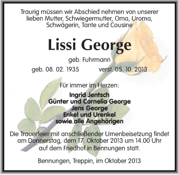 Traueranzeige von Lissi George von Mitteldeutsche Zeitung Sangerhausen