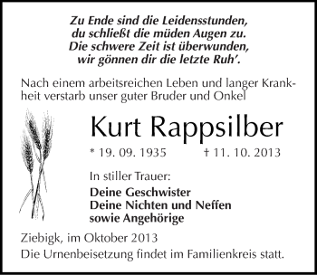 Traueranzeige von Kurt Rappsilber von Mitteldeutsche Zeitung Köthen