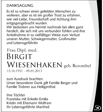 Traueranzeige von Birgit Wiesenhaken von Mitteldeutsche Zeitung Mansfelder Land