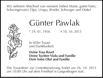 Traueranzeige von Günter Pawlak von Mitteldeutsche Zeitung Halle/Saalkreis