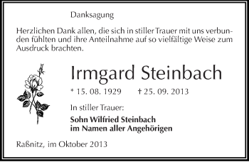 Traueranzeige von Irmgard Steinbach von Mitteldeutsche Zeitung Merseburg/Querfurt
