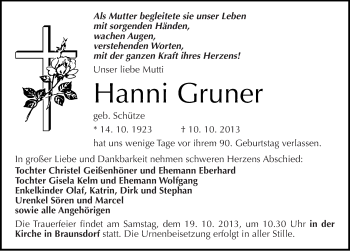 Traueranzeige von Hanni Gruner von Mitteldeutsche Zeitung Wittenberg