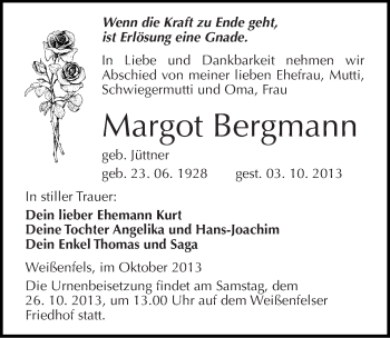 Traueranzeige von Margot Bergmann von Mitteldeutsche Zeitung Weißenfels