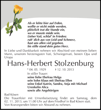 Traueranzeige von Hans-Herbert Stolzenburg von Mitteldeutsche Zeitung Naumburg/Nebra