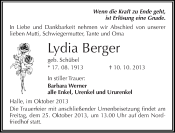 Traueranzeige von Lydia Berger von Mitteldeutsche Zeitung Halle/Saalkreis