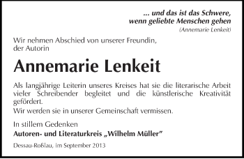 Traueranzeige von Annemarie Lenkeit von Mitteldeutsche Zeitung Dessau-Roßlau