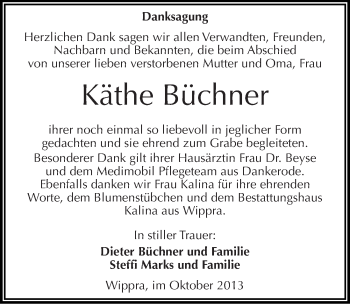 Traueranzeige von Käthe Büchner von Mitteldeutsche Zeitung Aschersleben