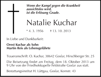 Traueranzeige von Natalie Kuchar von Mitteldeutsche Zeitung Quedlinburg