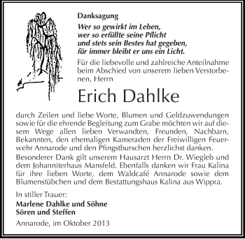 Traueranzeige von Erich Dahlke von Mitteldeutsche Zeitung Mansfelder Land