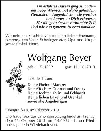 Traueranzeige von Wolfgang Beyer von Mitteldeutsche Zeitung Weißenfels