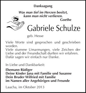 Traueranzeige von Gabriele Schulze von Mitteldeutsche Zeitung Naumburg/Nebra