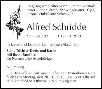 Traueranzeige von Alfred Schridde von Mitteldeutsche Zeitung Naumburg/Nebra
