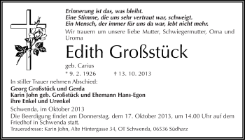 Traueranzeige von Edith Großstück von Mitteldeutsche Zeitung Sangerhausen