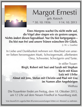 Traueranzeige von Margot Ernesti von Mitteldeutsche Zeitung Naumburg/Nebra