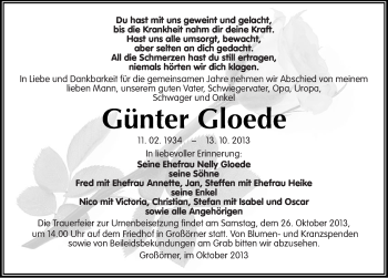 Traueranzeige von Günter Gloede von Mitteldeutsche Zeitung Mansfelder Land