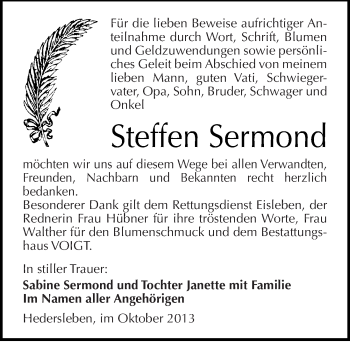 Traueranzeige von Steffen Sermond von Mitteldeutsche Zeitung Mansfelder Land