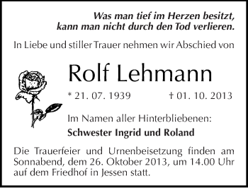 Traueranzeige von Rolf Rolf von Mitteldeutsche Zeitung Wittenberg