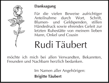 Traueranzeige von Rudi Täubert von Mitteldeutsche Zeitung Halle/Saalkreis
