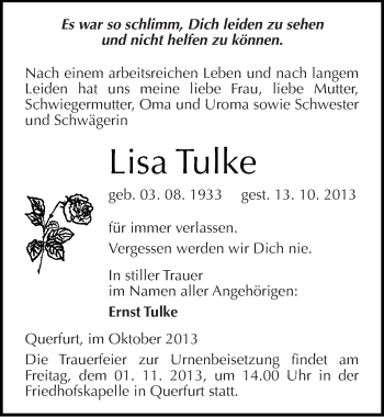 Traueranzeige von Lisa Tulke von Mitteldeutsche Zeitung Merseburg/Querfurt