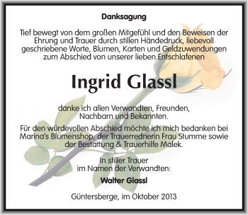 Traueranzeige von Ingrid Glassl von Mitteldeutsche Zeitung Quedlinburg