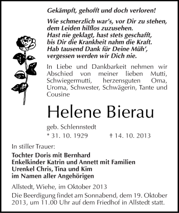 Traueranzeige von Helene Bierau von Mitteldeutsche Zeitung Sangerhausen