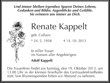 Traueranzeige von Renate Kappelt von Mitteldeutsche Zeitung Halle/Saalkreis
