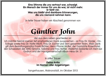 Traueranzeige von Günther John von Mitteldeutsche Zeitung Sangerhausen