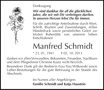Traueranzeige von Manfred Schmidt von Mitteldeutsche Zeitung Halle/Saalkreis