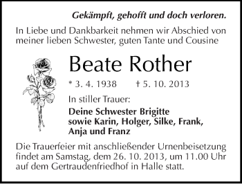 Traueranzeige von Beate Rother von Mitteldeutsche Zeitung Halle/Saalkreis