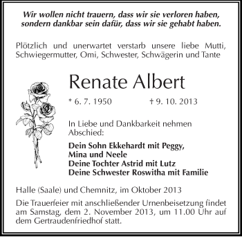 Traueranzeige von Renate Albert von Mitteldeutsche Zeitung Halle/Saalkreis