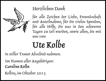 Traueranzeige von Ute Kolbe von Mitteldeutsche Zeitung Sangerhausen
