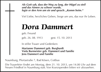 Traueranzeige von Dora Dammert von Mitteldeutsche Zeitung Naumburg/Nebra