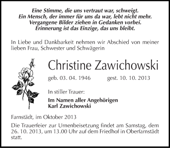 Traueranzeige von Christine Zawichowski von Mitteldeutsche Zeitung Aschersleben
