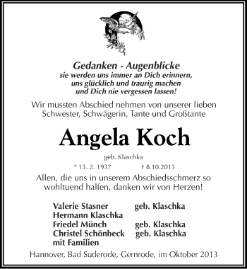 Traueranzeige von Angela Koch von Mitteldeutsche Zeitung Quedlinburg
