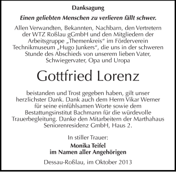 Traueranzeige von Gottfried Lorenz von Mitteldeutsche Zeitung Dessau-Roßlau