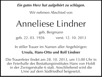 Traueranzeige von Anneliese Lindner von Mitteldeutsche Zeitung Halle/Saalkreis
