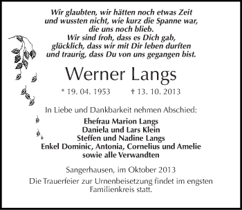 Traueranzeige von Werner Langs von Mitteldeutsche Zeitung Sangerhausen