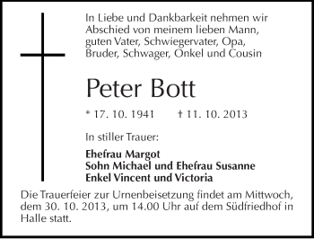 Traueranzeige von Peter Bott von Mitteldeutsche Zeitung Halle/Saalkreis