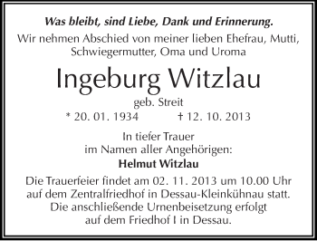 Traueranzeige von Ingeburg Witzlau von Mitteldeutsche Zeitung Dessau-Roßlau