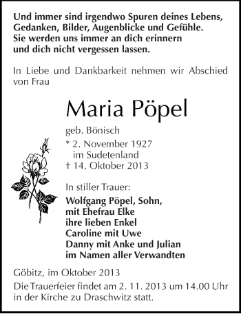 Traueranzeige von Maria Pöpel von Mitteldeutsche Zeitung Zeitz