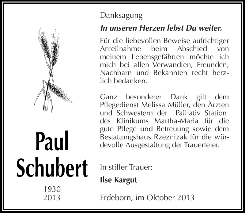 Traueranzeigen von Paul Schubert www.abschiednehmen.de