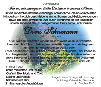 Traueranzeige von Doris Schumann von Mitteldeutsche Zeitung Sangerhausen