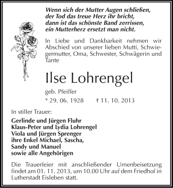Traueranzeige von Ilse Lohrengel von Mitteldeutsche Zeitung Mansfelder Land