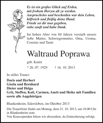 Traueranzeige von Waltraud Poprawa von Mitteldeutsche Zeitung Sangerhausen