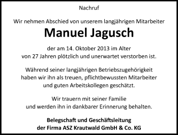 Traueranzeige von Manuel Jagusch von Mitteldeutsche Zeitung Weißenfels