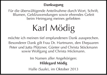 Traueranzeige von Karl Mödig von Mitteldeutsche Zeitung Halle/Saalkreis